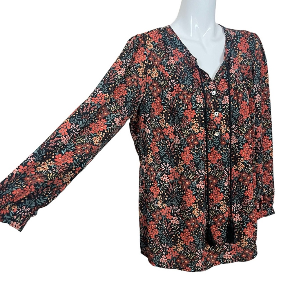 DR2 Daniel Rainn Floral Print Tassel Tie Neck High Low Blouse Size Large - Picture 3 of 9